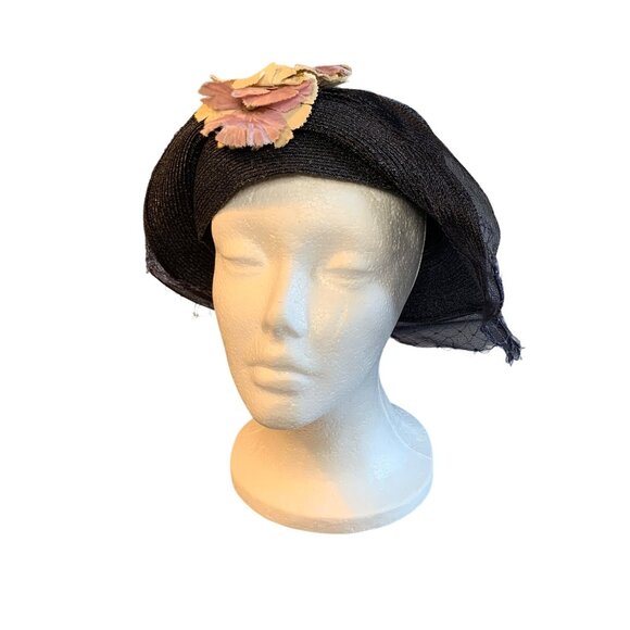 Ladies Navy Hat with Silk Flower and Netting Sz 23 Union Made